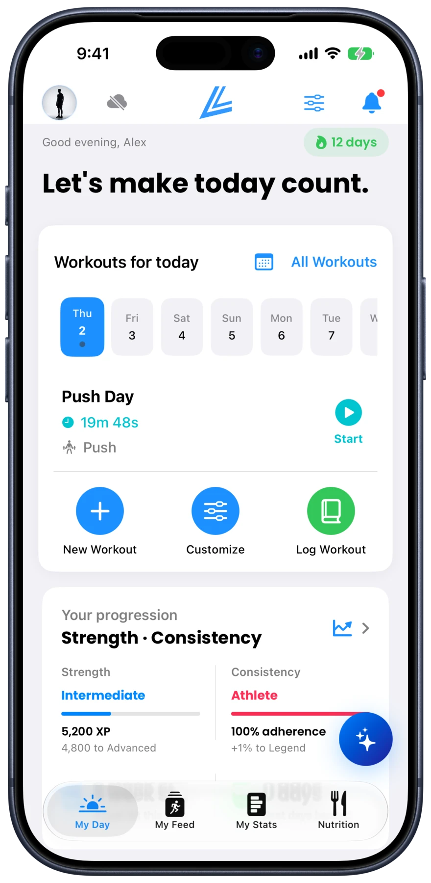My Day screen showing today’s workout, streak, and progression levels